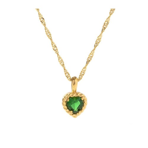 Zlacený ocelový náhrdelník zelené srdíčko