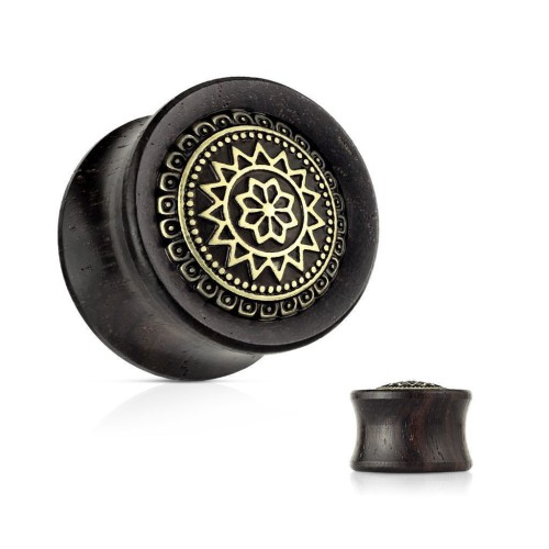 Dřevěný plug do ucha Ebony Wood s ornamenty průměr 12 mm