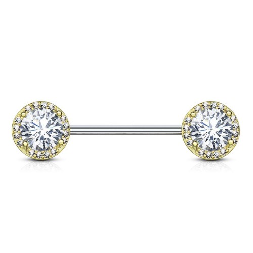 Zlacený piercing do bradavky chirurgická ocel se zirkony