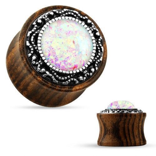 Dřevěný plug s ornamenty a opálem (14 mm)