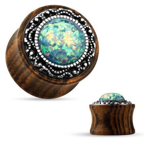 Dřevěný plug s ornamenty a opálem (12 mm)