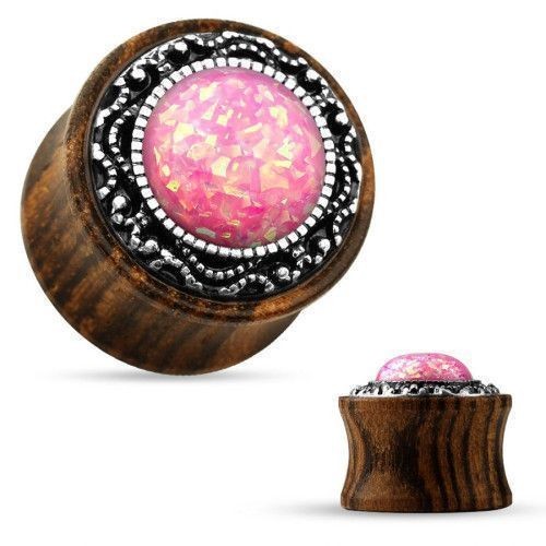 Dřevěný plug s ornamenty a opálem (12 mm)