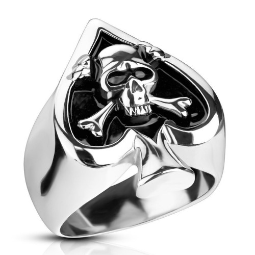 Ocelový prsten listy piky s lebkou vel. 64