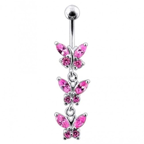 Stříbrný piercing do pupíku s motýlky (růžová)