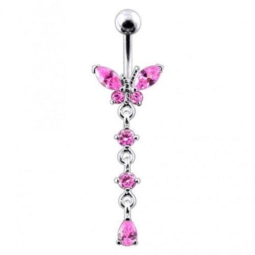 Stříbrný piercing do pupíku - motýlek (růžová)