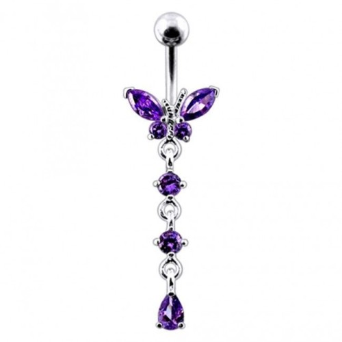 Stříbrný piercing do pupíku - motýlek (fialová)
