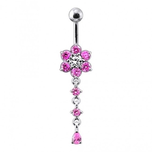 Stříbrný piercing do pupíku - kytička (růžová)