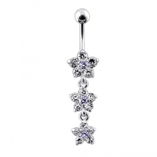 Stříbrný piercing do pupíku - kytičky (čirá/růžová)