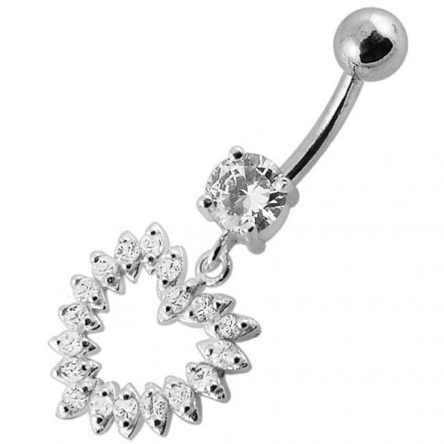 Stříbrný piercing do pupíku - srdce (čirá, 5 mm)