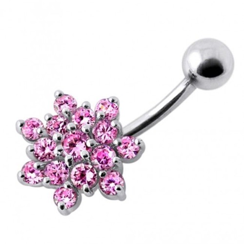 Stříbrný piercing do pupíku - kytička (růžová)