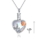Stříbrný pietní náhrdelník - Opalitové srdce s růží a motýlem