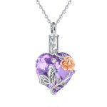 Stříbrný pietní náhrdelník - Fialové Swarovski srdce s růží a motýlem