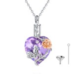 Stříbrný pietní náhrdelník - Fialové Swarovski srdce s růží a motýlem