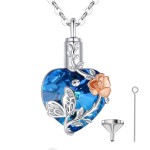 Stříbrný pietní náhrdelník - Modré Swarovski srdce s růží a motýlem