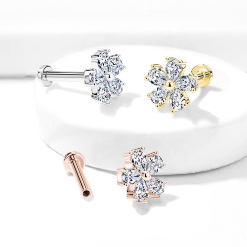 Zlacený piercing do brady - labreta kytička (1,2 x 8 mm)