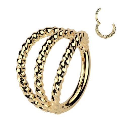 Trojitý zlacený segment kruh kroucený - helix / cartilage / tragus piercing (1,2 x 8 mm)