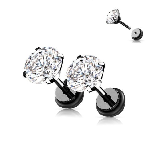 Černá piercingová náušnice, čirý zirkon 6 mm - 1 kus
