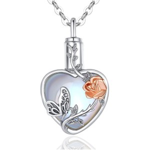 Stříbrný pietní náhrdelník - Opalitové srdce s růží a motýlem