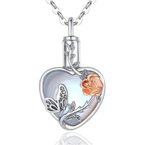 Stříbrný pietní náhrdelník - Opalitové srdce s růží a motýlem