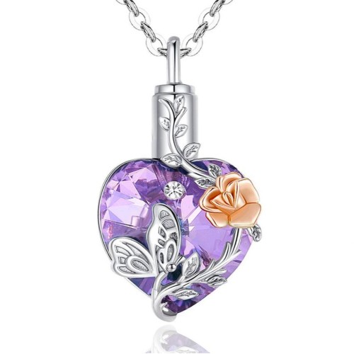 Stříbrný pietní náhrdelník - Růžovo-fialové Swarovski srdce s růží a motýlem