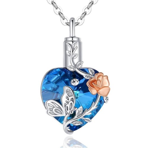 Stříbrný pietní náhrdelník - Modré Swarovski srdce s růží a motýlem