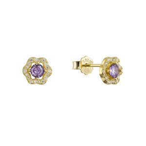Pozlacené stříbrné náušnice kytičky s fialovým zirkonem 11702.3 amethyst