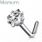 Zahnutý piercing do nosu - titan, čirý kamínek 2 mm