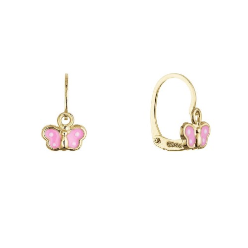 Zlaté 14 karátové dětské náušnice růžový motýlek 91A00071