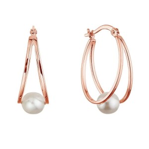 Pozlacené stříbrné náušnice hladké kruhy se syntetickou perlou 31325.1 rose gold