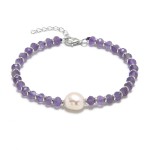 Minerální náramek přírodní Ametysty a perla, stříbro AG925
