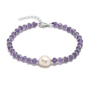 Minerální náramek přírodní Ametysty a perla, stříbro AG925