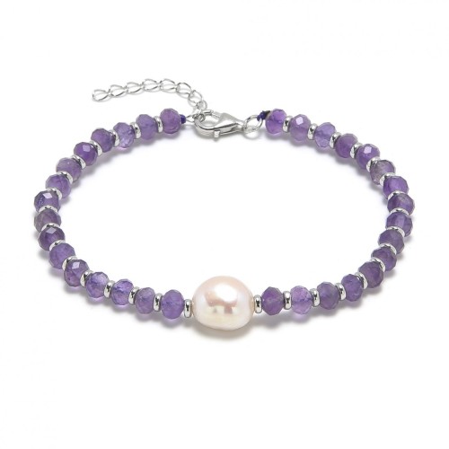 Minerální náramek přírodní Ametysty a perla, stříbro AG925