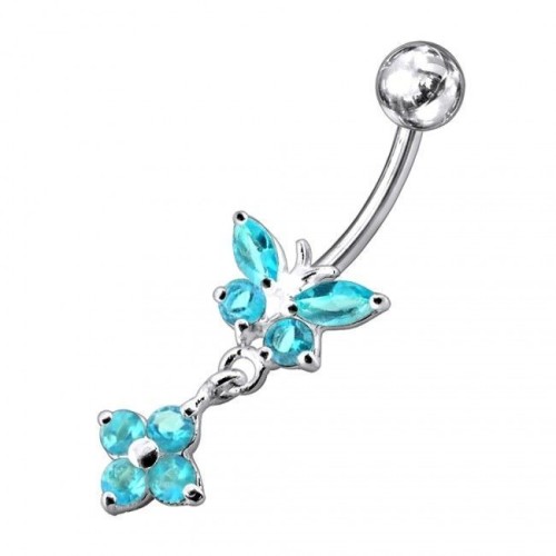 Stříbrný piercing do pupíku - motýlek s kytičkou (tyrkysová)