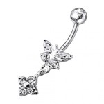 Stříbrný piercing do pupíku - motýlek s kytičkou (tyrkysová)