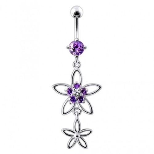 Stříbrný piercing do pupíku - kytičky (fialová)