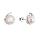 Stříbrné náušnice pecky s bílou říční perlou a zirkony 21116.1