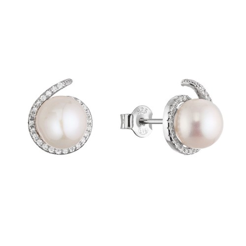 Stříbrné náušnice pecky s bílou říční perlou a zirkony 21116.1