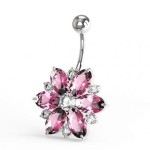 Stříbrný piercing do pupíku - kytička (čirá/růžová)