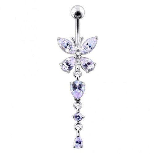 Stříbrný piercing do pupíku - motýlek se světle fialovými zirkony