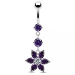 Stříbrný piercing do pupíku - kytička (fialová)