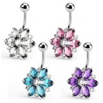 Stříbrný piercing do pupíku - kytička (čirá/tmavě fialová)
