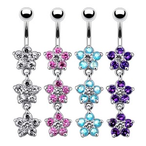 Stříbrný piercing do pupíku - kytičky