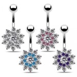 Stříbrný piercing do pupíku - kytička (čirá/tmavě  fialová)
