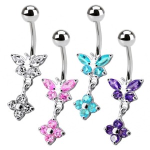Stříbrný piercing do pupíku - motýlek s kytičkou