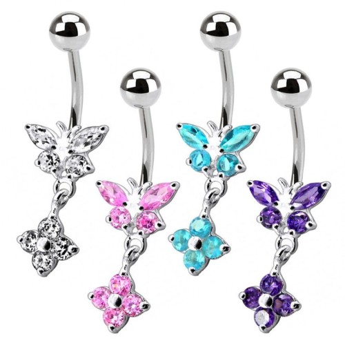 Stříbrný piercing do pupíku - motýlek s kytičkou