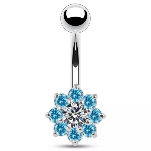 Stříbrný piercing do pupíku - kytička (tyrkysová)
