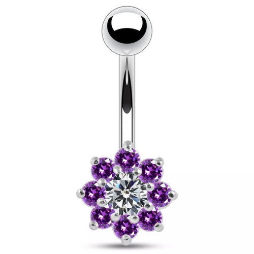 Stříbrný piercing do pupíku - kytička (fialová)