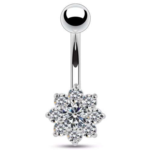 Stříbrný piercing do pupíku - kytička (čirá)