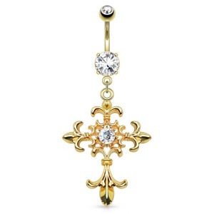 Zlacený piercing do pupíku kříž