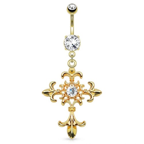 Zlacený piercing do pupíku kříž